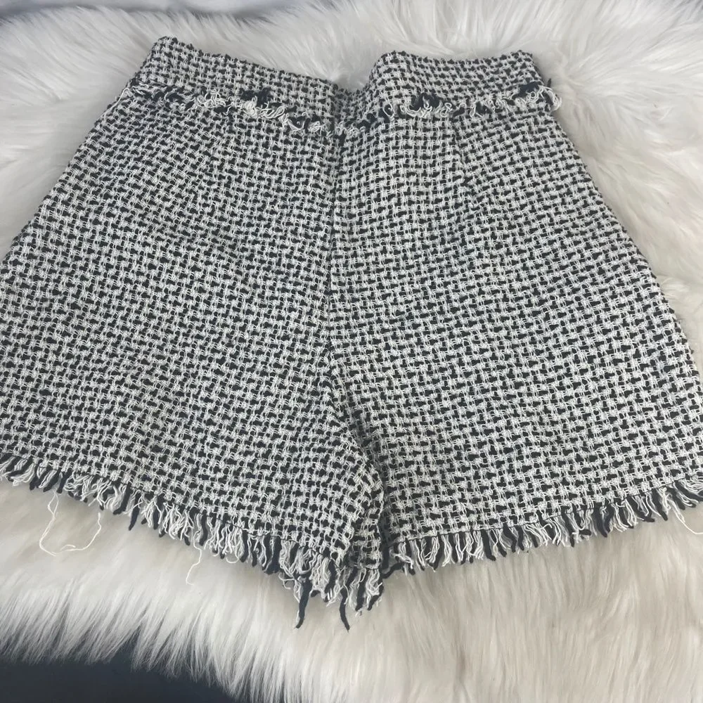Zara Black/White Woven‎ High Waist Fringed Shorts Sz S